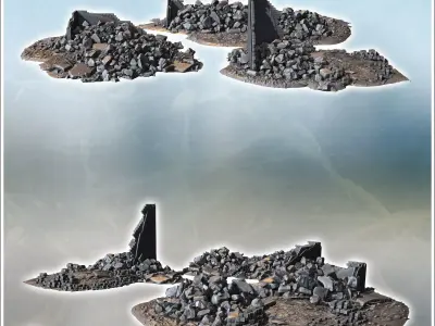 Ruined wall sections with large debris piles and scattered stone 3D print model