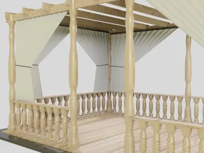 Pergola wooden gazebo with curtains 3D model