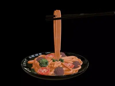 Asian dish fried noodles with broccolis and meatball Low-poly 3D model