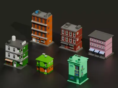 Stylized Low Poly Houses Pack 6 Game Ready Buildings Low-poly 3D model