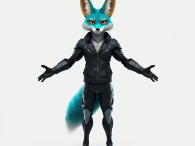 Azure Fox Warrior in Tactical Gear with Cyberpunk Elements Low-poly 3D model