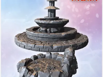 Large fountain with layered circular stone basins and adjacent d 3D print model