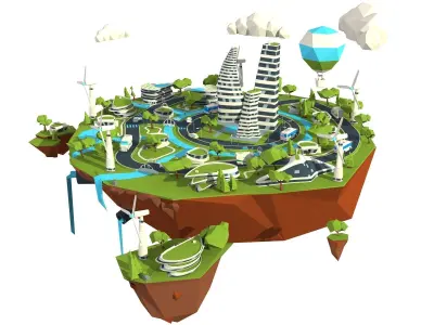 city lowpoly on island with wind turbines Low-poly 3D model