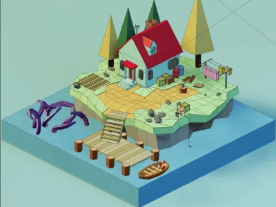 Isometric Low Poly House on an Island by Zoe Tamago Low-poly 3D model
