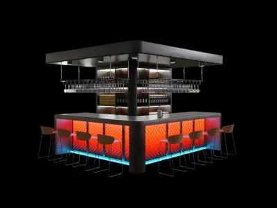 Barcounter bar with lights and chairs 3D model