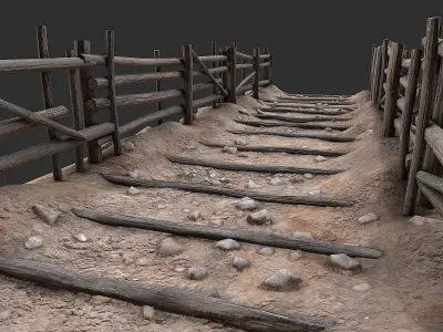 Village Road With Fence 1 Low-poly 3D model