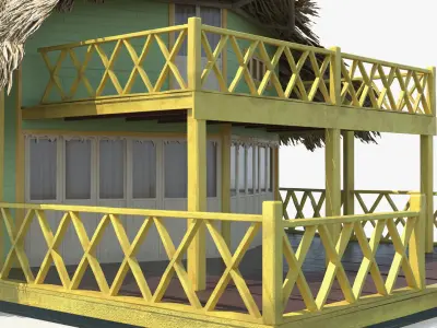  Tropical Beach Hut with Thatched Roof and Yellow Railings 