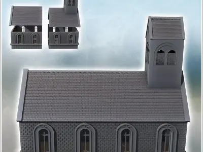Brick church with multiple windows and a steeple 4 - Modern WW2  3D print model