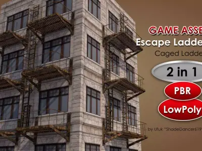 Caged Fire Escape Ladder Low-poly 3D model