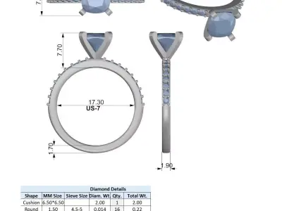 Cushion Cut Diamond Ring 3DM STL CAD Model 3D print model