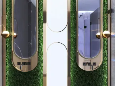 High End Modern Bathroom Interior LED Shower Dual Sinks Marble 3D model