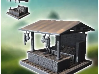 Market stall with a tin roof hanging meats and display tables fo 3D print model
