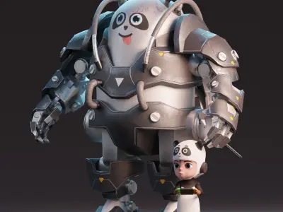 Robot Panda and Panda Kid Character 3D model