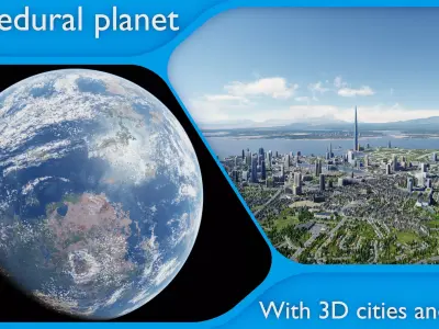 Large scale procedural planet with 3D cities and vegetation 3D model