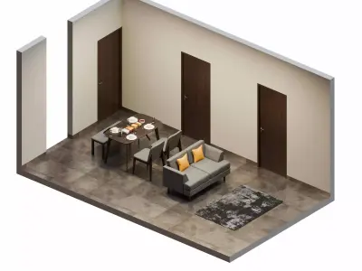 Isometric Open Space Interior Dining Living Room 3D model