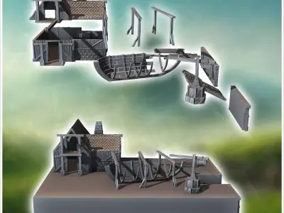 Medieval shipbuilding workshop with wooden boat parts under cons 3D print model