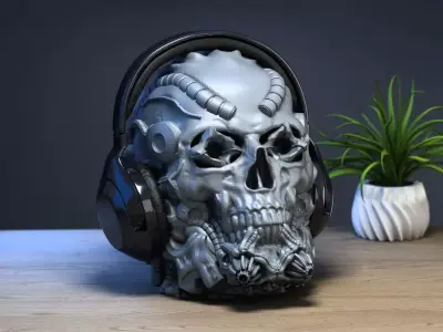Robot Skull Headphone Stand Cyborg Headset Stand 3D print model 5