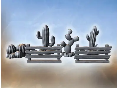 Three cactus arrangements with wooden fences including barrel pr 3D print model