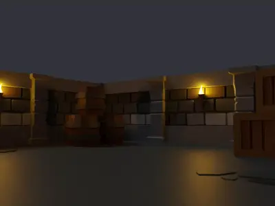 Dungeon room with lights and barrels Low-poly 3D model