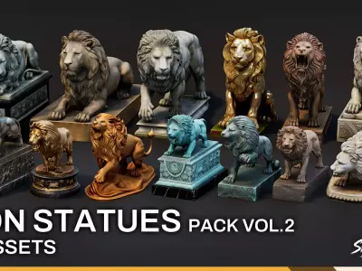 Lion Statues Pack VOL2 Low-poly 3D model