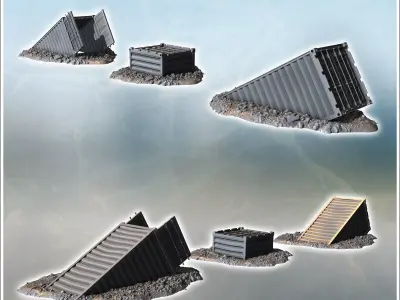 Fallen shipping containers lying on rocky ground partially burie 3D print model