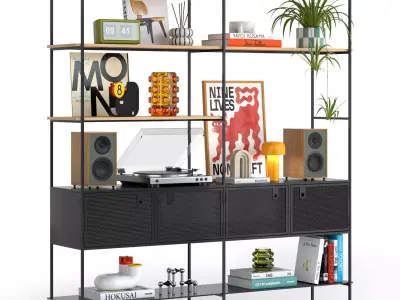 MOBA shelving  with mid-century decor and a vinyl turntable 3D model