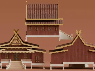 Traditional Houses - Rumah Selaso Jatuh Kembar Low-poly 3D model