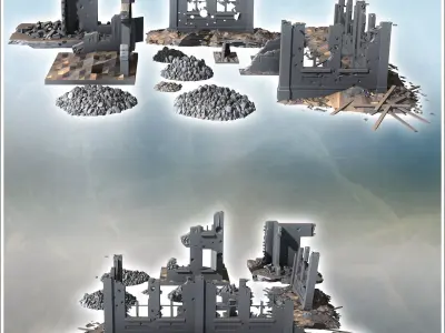Set of ruins with wall sections windows and debris 1 - Modern WW 3D print model