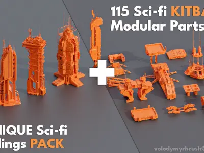 115 Sci-fi Buildings KITBASH parts and 7 Unique Sci-fi BUILDINGS 3D Model Pack