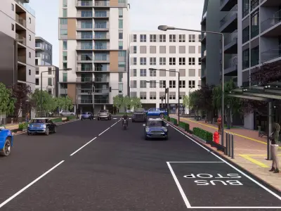 Modern Urban Street with Bus Stop and Apartment Buildings 3D print model
