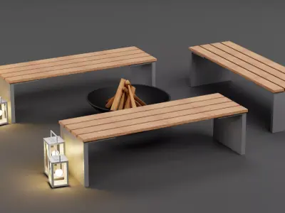 Garden Setup V2 - Modern Seating with Fire Pit and Lanterns Low-poly 3D model