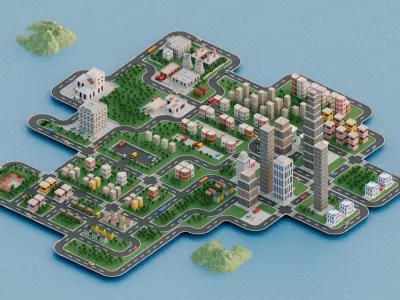 Modular Simple City Town  Low-poly 3D model