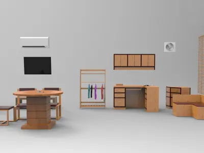 Office Interior low poly props furniture 3D Model Low-poly 3D model