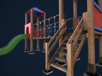 Playground wooden bridge with slide Low-poly 3D model