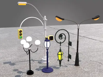 Street Lamps and Traffic Light Low-poly 3D model