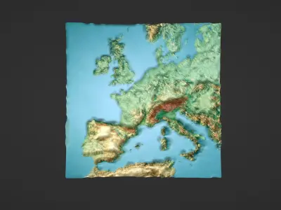 Western Europe Map Topography Low-poly 3D model