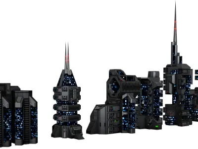 SciFi Building set Low-poly 3D model