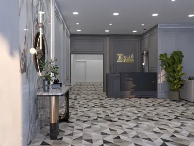 Elegant 3D scene of a modern office reception waiting area 3D model