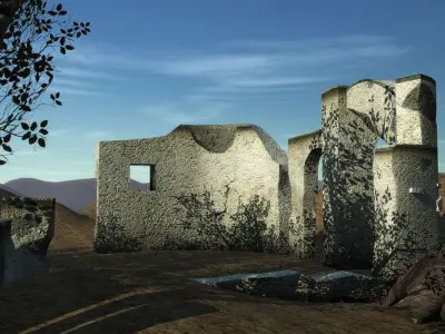 Ruins and trees in woods Low-poly 3D model