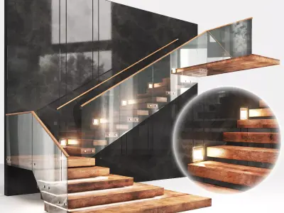 staircase02 wooden staircase with glass railings 3D model