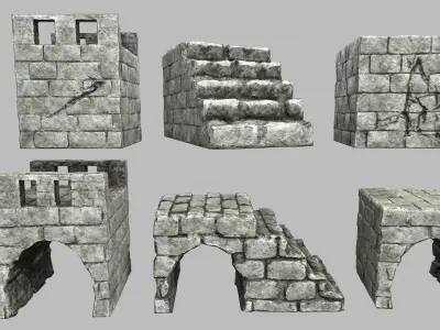 Stair Set brick wall Low-poly 3D model