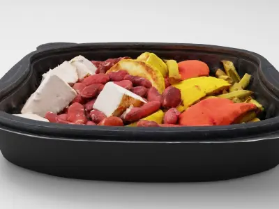 Poke bowl lunch box with tomatoes potatoes meat beans asparagus 3D model