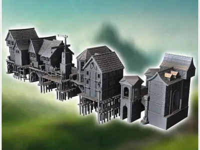 Medieval bridge set with houses statues cranes on stilts 12 - Me 3D print model