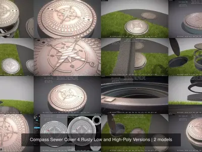 Compass Sewer Cover 4 Rusty Low and High-Poly Versions 3D Model Pack purchase