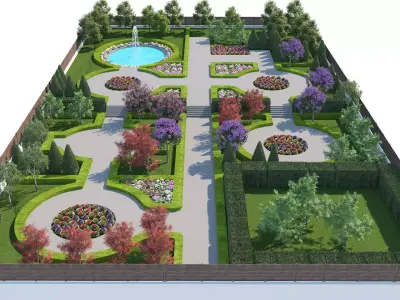 Classical Formal Garden Landscape with Fountain 3D Scene Low-poly 3D model