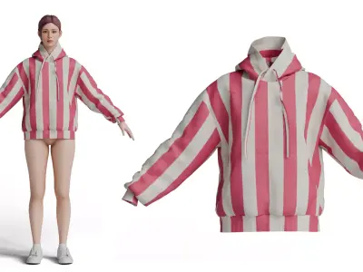 Pink and White Striped Oversized Hoodie - Casual Streetwear 3D model
