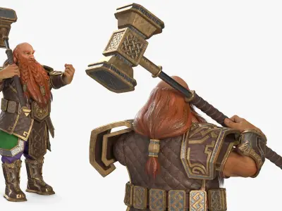  Dwarf Warrior with Hammer Rigged for Maya 