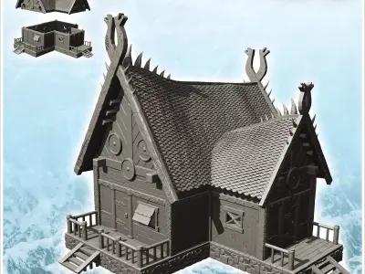 Wooden viking house on platform with double stairs and annex 12  3D print model
