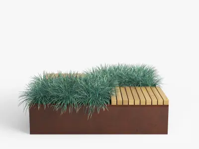 Flowerbed wooden bench with grass 3D model
