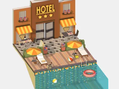 Relax Pool on Hotel Loungers Low-poly 3D model
